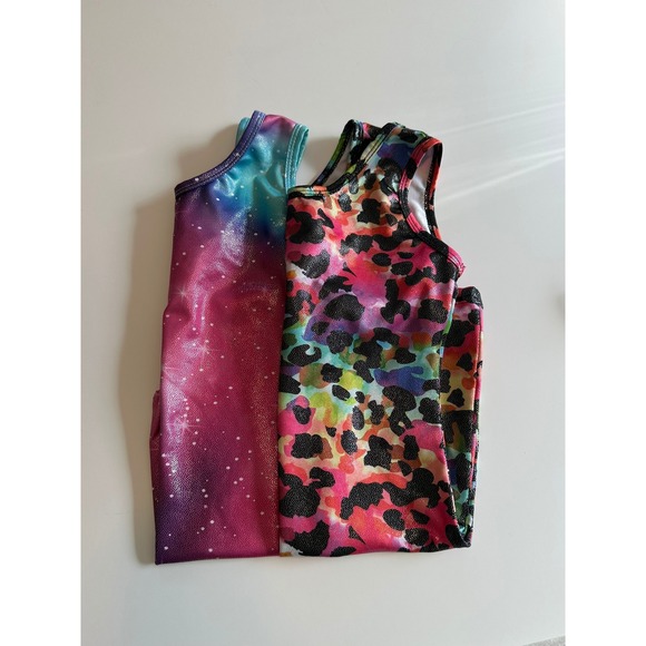 Unbranded Other - Set of Gymnastics Unitards Shimmering Galaxy Ombre & Rainbow Leopard‎  Med